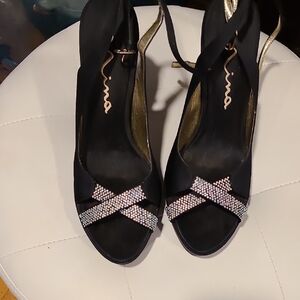 Nina Black and Gold Heels with Rhinestone Accents